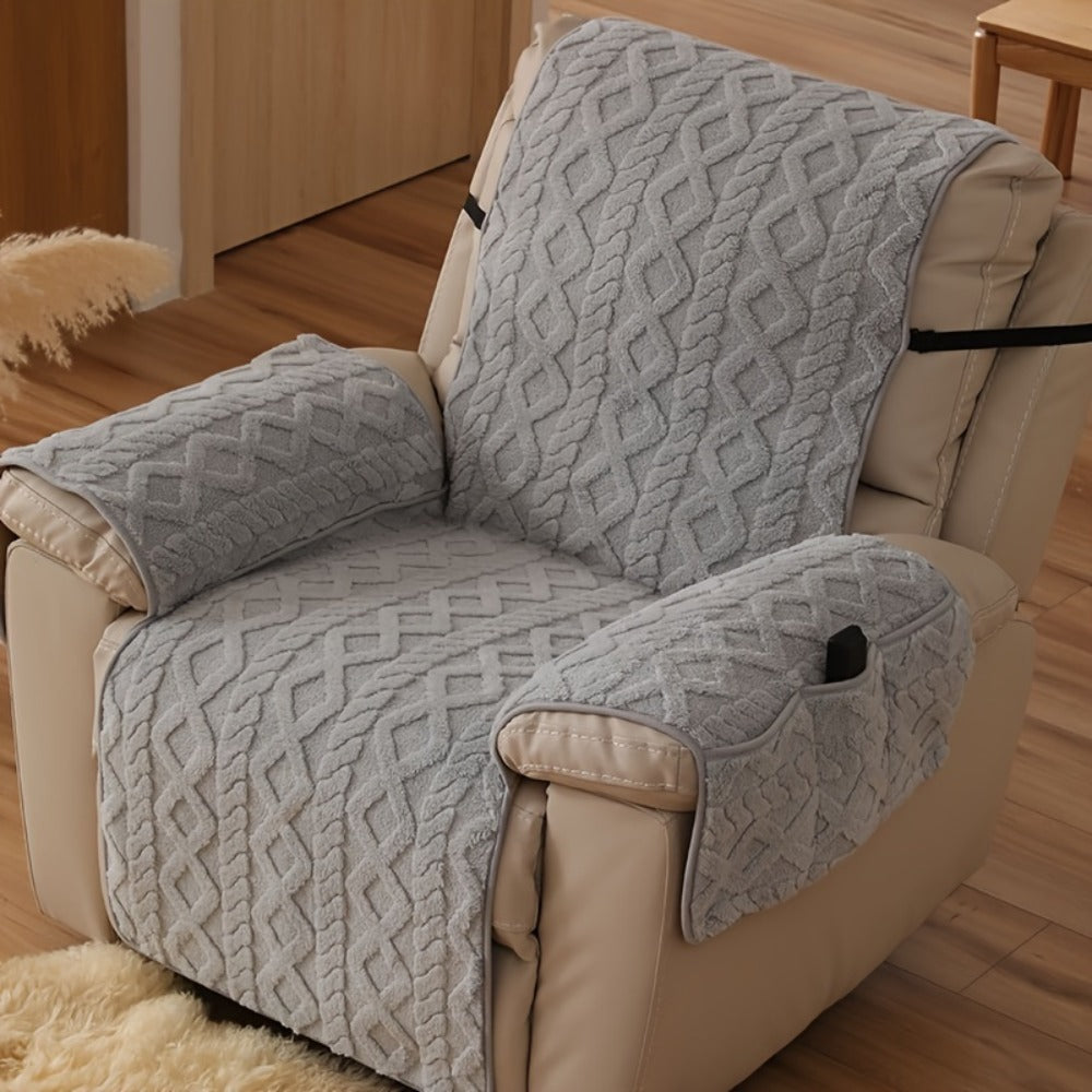 Recliner Cover Shu Velveteen Non-Slip Soft Plush Single Chair Sofa Cover - Pet Scratch Resistant Armchair Protective Slipcover | Deep Gray Light Grey Off White | Bedroom Office Living Room Home Decor