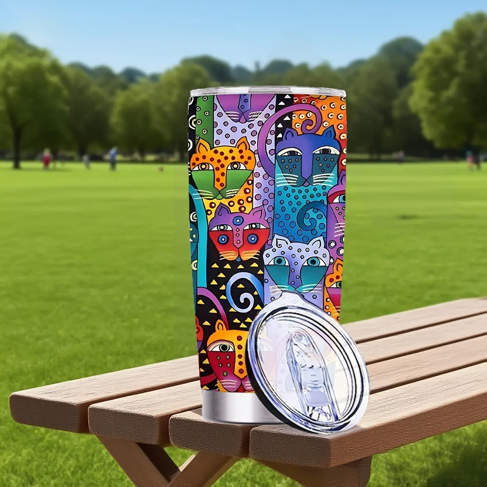 Cat Tumbler 20oz Abstract Cat Graphic Stainless Steel Insulated Cup with Lid & Straw Travel Coffee Mug Hot Cold Drinks Gift for Cat Lovers Birthday Mother's Day