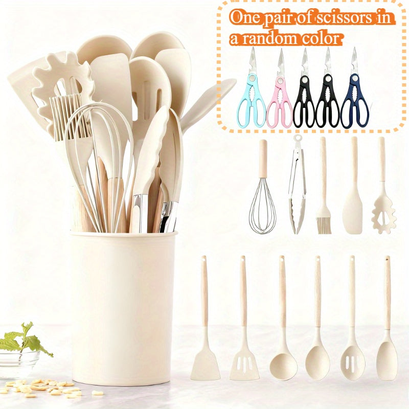 Silicone Kitchen Utensil Set 13 Piece with Wooden Handles Non-Stick Safe Heat Resistant Cooking Tools Spatula Spoon Ladle Set for Cooking Baking Dorm Essentials
