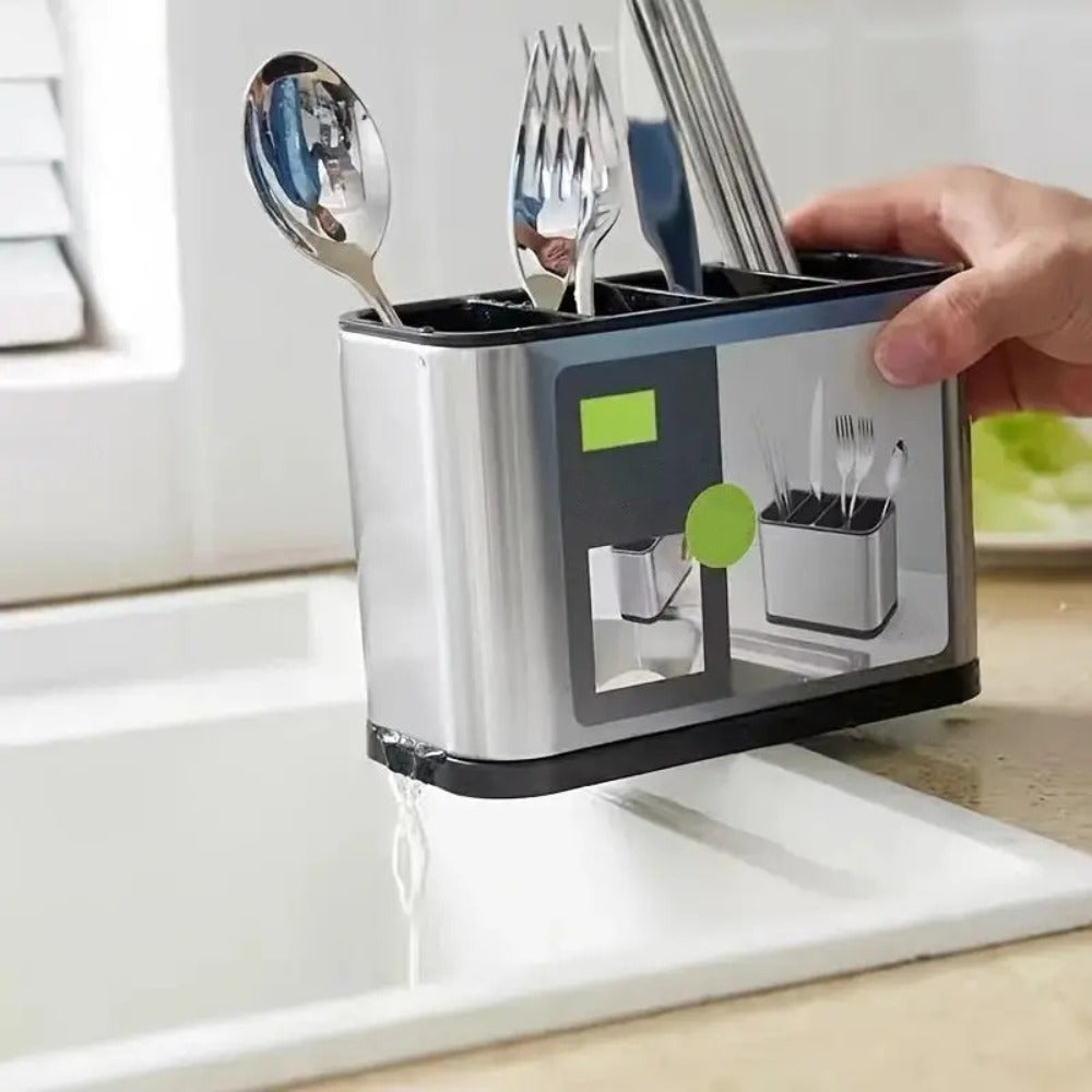 Utensil Holder Stainless Steel Cutlery Organizer 4-Compartment Countertop Caddy Anti-Slip Drain Holes for Kitchen Forks Knives Spoons Chopsticks