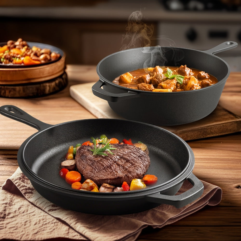 Cast Iron Dutch Oven & Frying Pan Set ¨C Pre-Seasoned 2-in-1 Cookware, Deep Pan + Skillet for Stovetop, Induction, Oven, BBQ & Outdoor Cooking, Multi-Purpose Pots and Pans Set