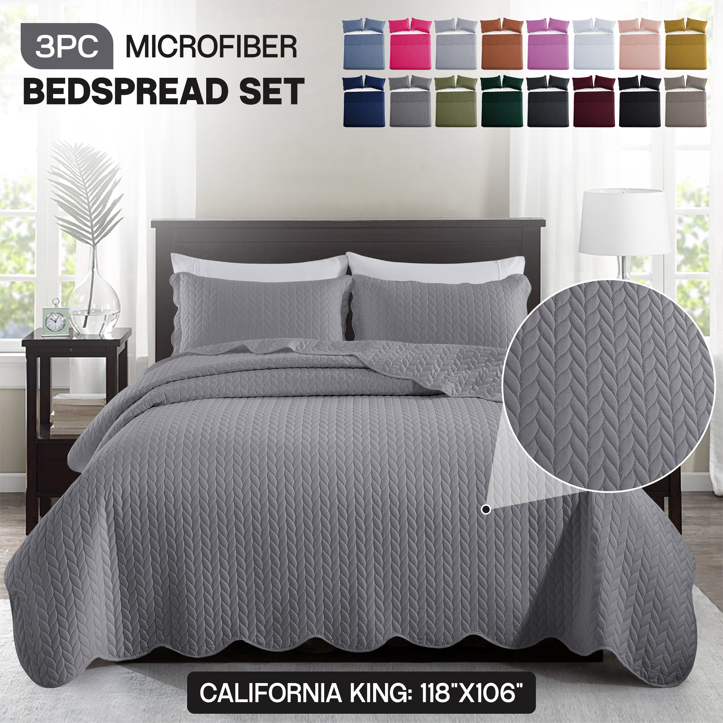Bedspread Set 3-Piece Microfiber Floral Coverlet with Pillow Shams - Soft Breathable Lightweight All-Season Bed Cover for Queen King Twin California King