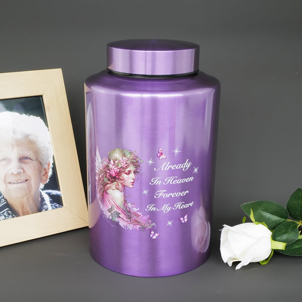Cremation Urns for Human Ashes Large ¨C Stainless Steel Memorial Urn Holds 220 lbs, Decorative Butterfly Cardinal Fairy Design, Screw Lid & Seal Ring, Velvet Pouch Included, Adult Funeral Keepsake Urn