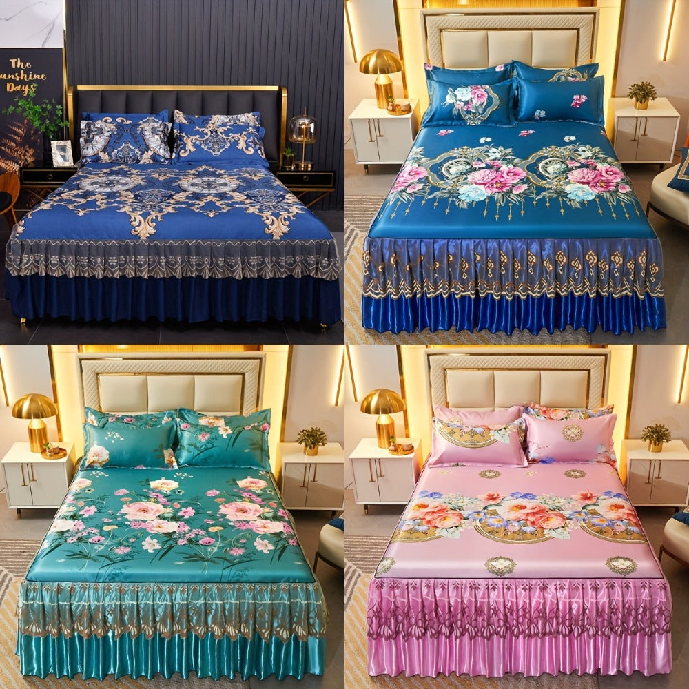 Floral Ruffle Bed Skirt Cool Mat 3 Piece Set with Pillowcase, Double Layer 360¡ã Full Wrap Washable Cooling Mattress Cover, Breathable Summer Bedding Set for Twin Full Queen King, Parisian Romantic Floral