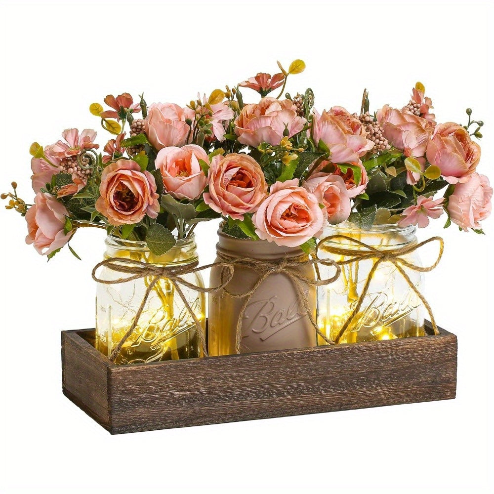 Mason Jar Centerpiece Table Decorations with Wood Tray & LED Lights ¨C 3-Piece Farmhouse Decor Set for Dining Room, Kitchen, Living Room & Bathroom | Holiday Home Decor Gift