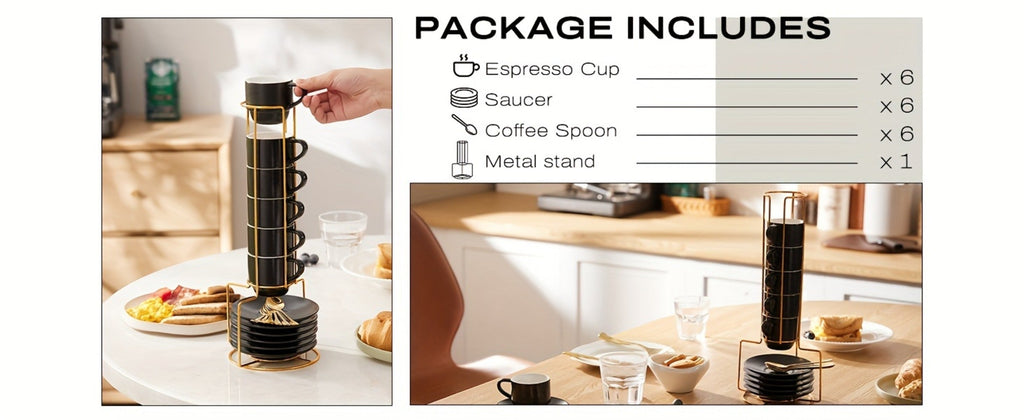 Espresso Cups Set of 6 with Saucers, Spoons & Metal Stand, 4oz Stackable Ceramic Cappuccino Mugs for Double Espresso, Lungo & Afternoon Tea ¨C Matte Black & Matte White