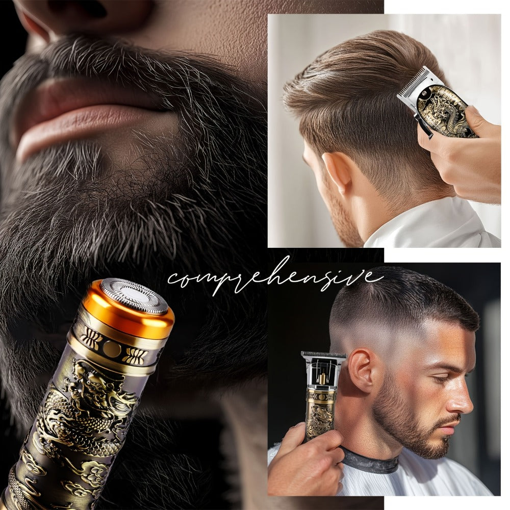 4-in-1 Men's Grooming Kit - Dragon Engraved Hair Clipper, T-Blade Trimmer, Nose Groomer & Shaver, 6000 RPM Motor, USB Rechargeable, LED Battery Display, Perfect Gift for Men