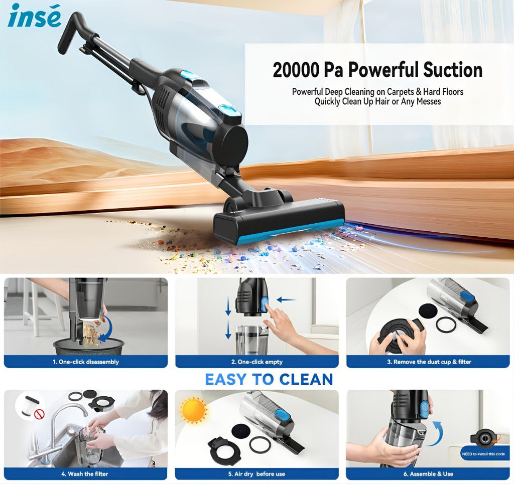 Corded Stick Vacuum Cleaner 20KPa 600W Motor 2-in-1 Bagless Upright Handheld Vacuum 0.8L Dustbin for Hard Floor Pet Hair Carpet Car Stairs Low Noise 65dB