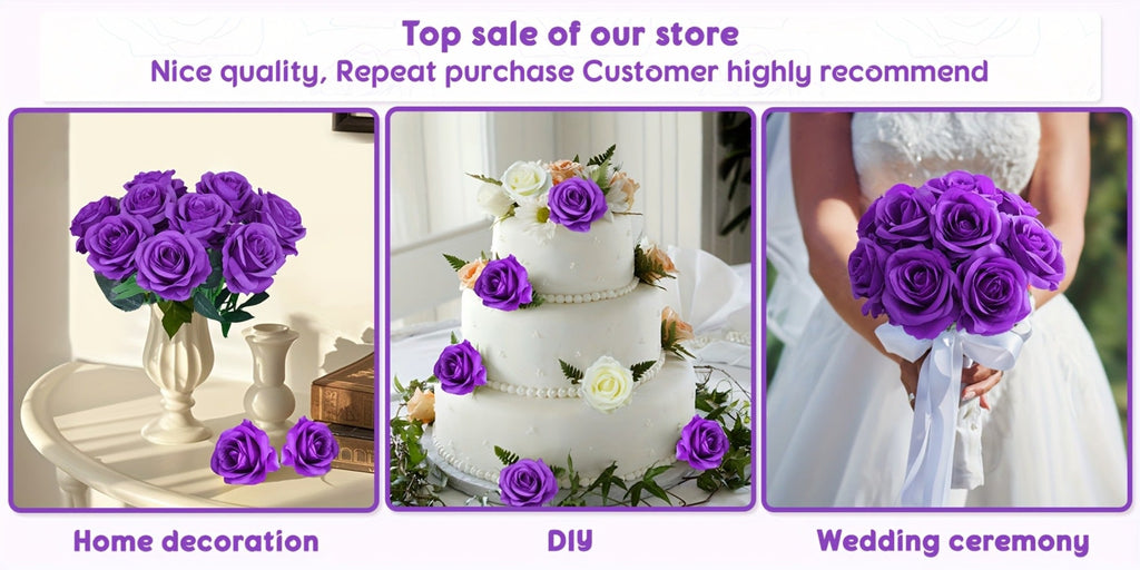10pcs Artificial Silk Roses Bulk - Fake Flowers for Wedding Home Decor, 19.69¡± Long Stem, Deep Purple & Dark Green