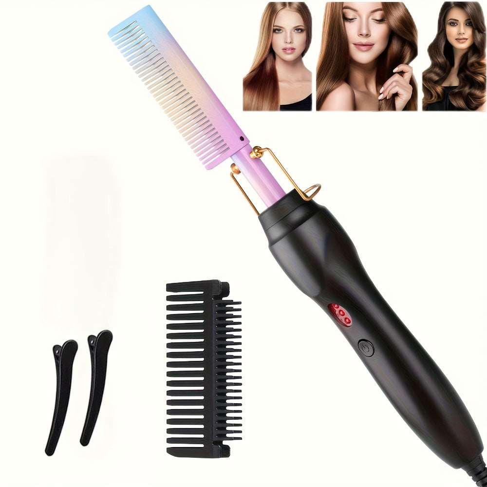 Electric Hot Comb Hair Straightener Ceramic Copper Heating Plate Portable Heat Press Comb for Curl Straight Style Beard Wig Wet Dry Hair Styling Tool for Women Men