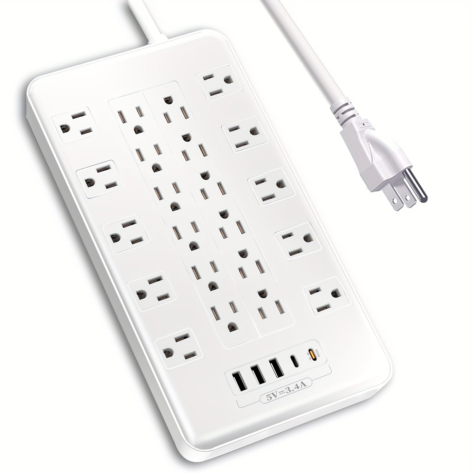 Surge Protector Power Strip with USB C Ports 22 AC Outlets 5 USB Ports - 6ft Flat Plug Extension Cord PD 20W Fast Charging 1875W 15A - Heavy Duty Wall Mount Under Desk Power Strip White