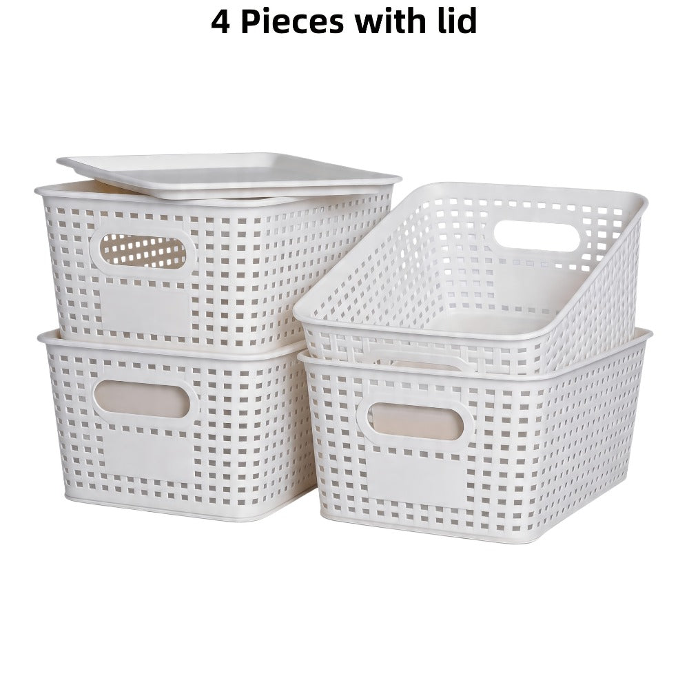 Storage Organizer Bins with Lids 4/8 Pack | Space-Saving Stackable Boxes 10¡±x7¡±x4¡± for Shelves, Closet & Desk - Declutter Bins for Dorm, Playroom & Office with File Organizer Bag, White Black Gray Red