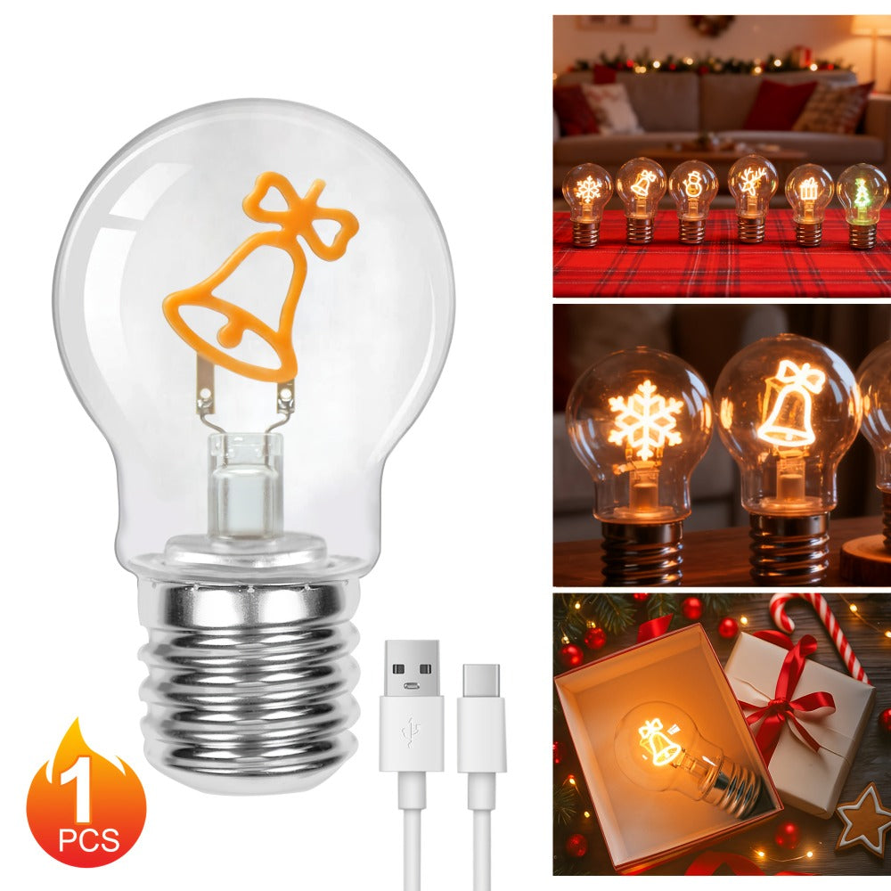Christmas LED Decorative Bulb Type-C Rechargeable A19 Novelty Night Light ¨C Warm White Holiday Shape Bulbs for Indoor Table Window Decor, Bell Elk Snowman Snowflake Christmas Tree Gift Style