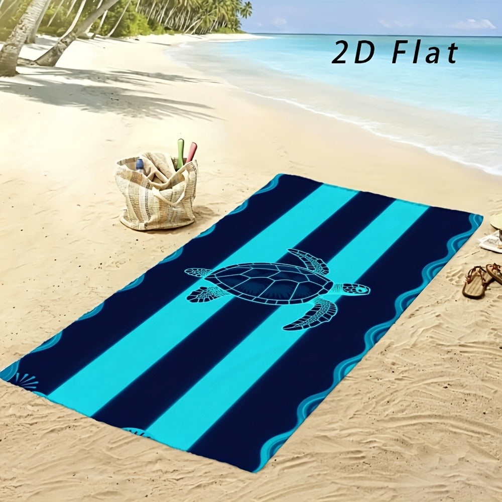 Sea Turtle Beach Towel, Blue Striped Nautical Print, Soft Absorbent Microfiber, Stylized Wave Pattern, Ideal for Beach Trips, Pool Days & Summer Vacations, Lightweight Coastal Design