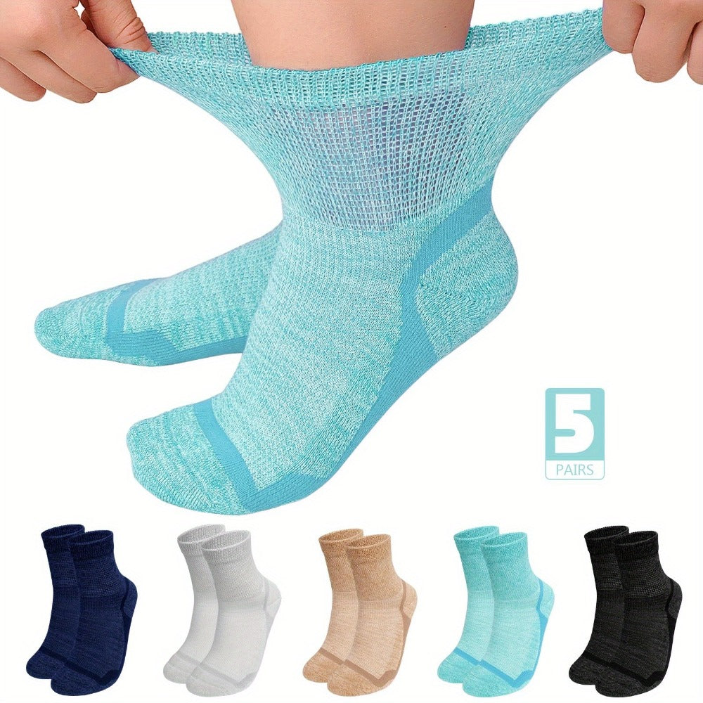 Wide Calf Socks 5 Pairs Loose Top Non-Binding Breathable Crew Socks for Men Women Plus Size Large Leg Edema Varicose Veins Comfort Fit M L Mixed Black