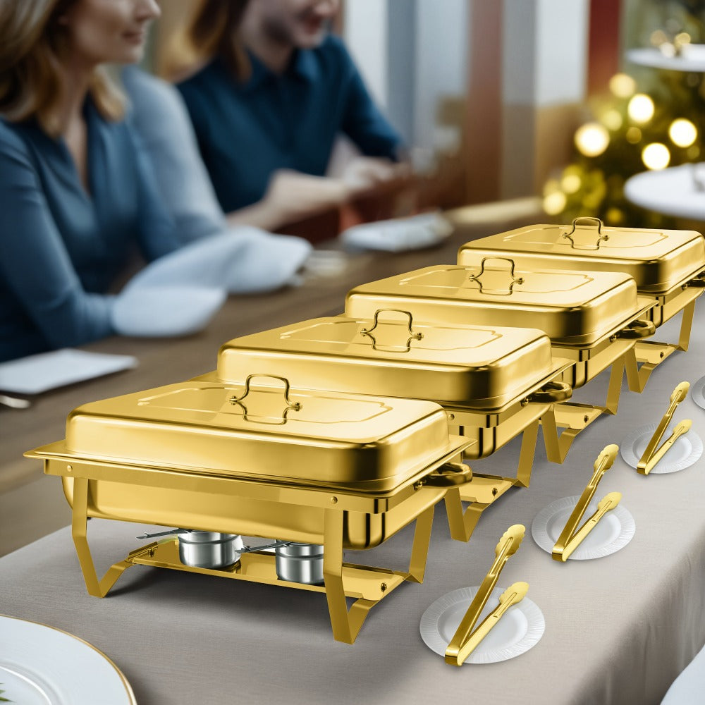 Chafing Dish Buffet Set 8QT Gold - Stainless Steel Food Warmer with Lid Foldable Stand & Golden Serving Tongs for Parties Weddings Catering Events, 1 or 4 Pack