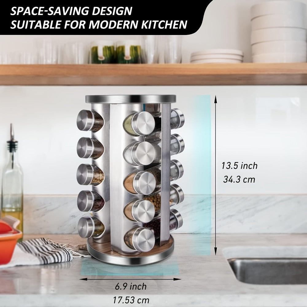 Rotating Spice Rack with 20 Glass Jars 360-Degree Revolving Stainless Steel Spice Tower Organizer for Kitchen Countertop Cabinet with 386 Labels for Herbs Spices Condiments