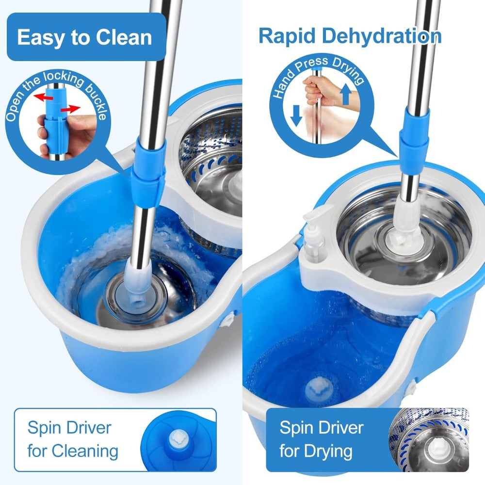 360 Spin Mop and Bucket Set with Wringer - Stainless Steel Extended Handle Spinning Mop Bucket System with Microfiber Mop Refills for Hardwood, Tile & Laminate Floor Cleaning, Black Blue Pink Red