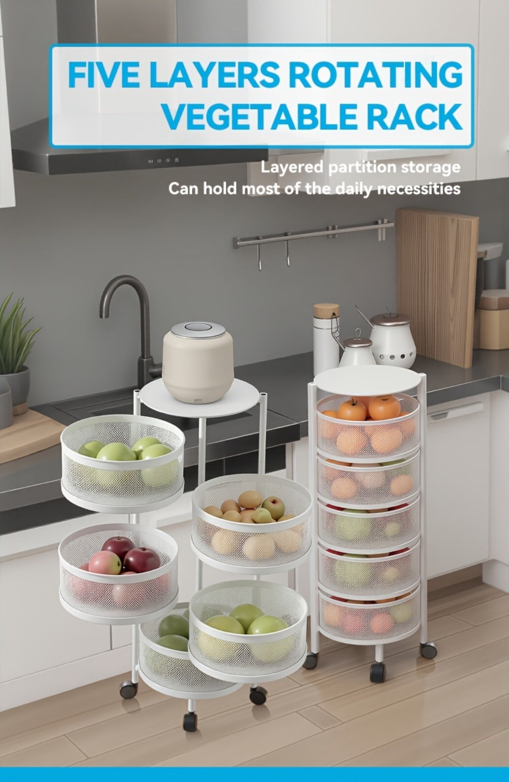 Rotating Storage Rack Multi-Tier Rolling Cart ¨C 360¡ã Swivel Round Floor Standing Organizer with 4 or 5 Layers, Vegetable Basket & File Rack for Kitchen, Bathroom, Office & Living Room (Black / White)