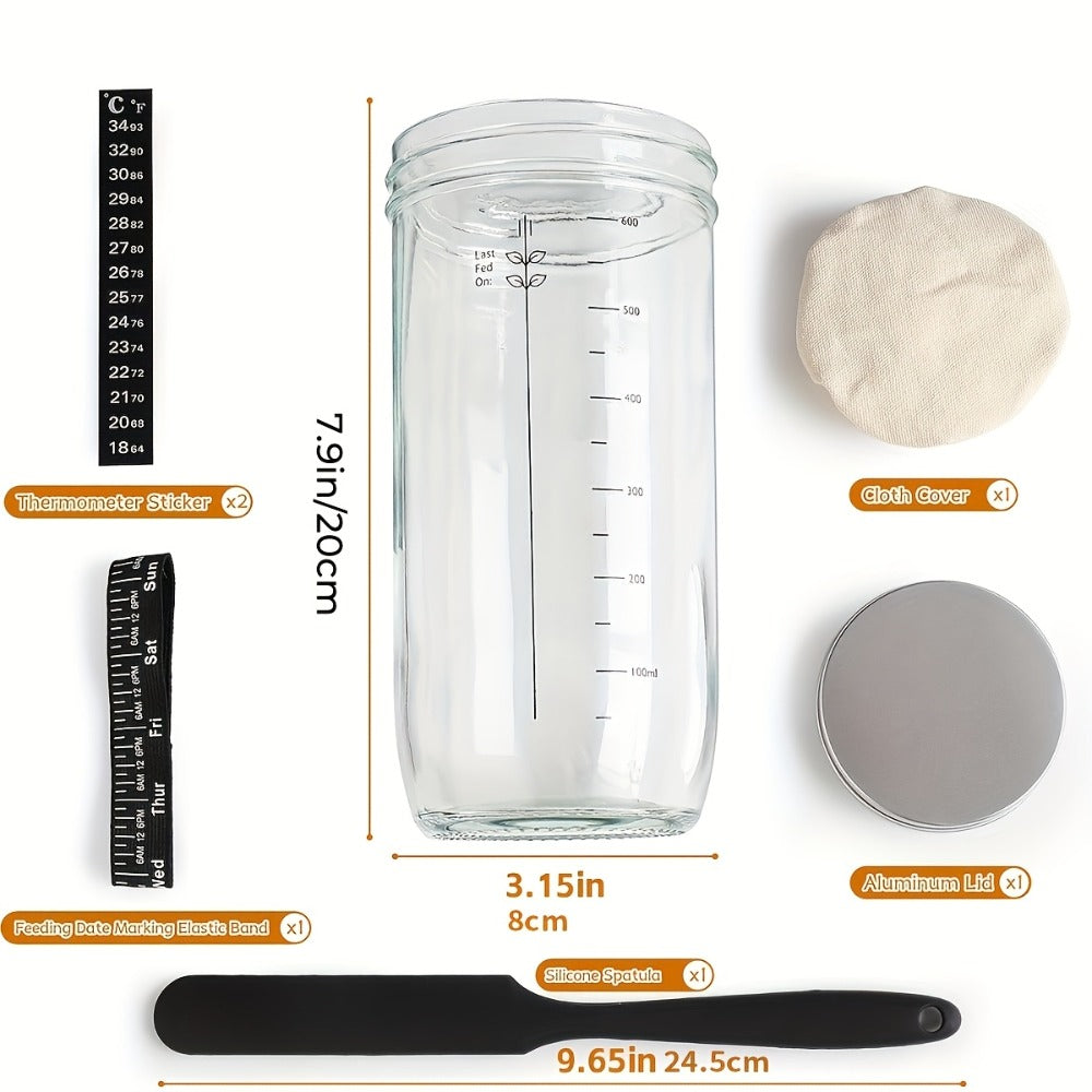 Glass Fermentation Jar Kit 24oz with Thermometer Scraper Cloth Lid Aluminum Lid and Auxiliary Label for Bread Baking Sourdough Juice Fermentation Available in 1 and 2 Pack
