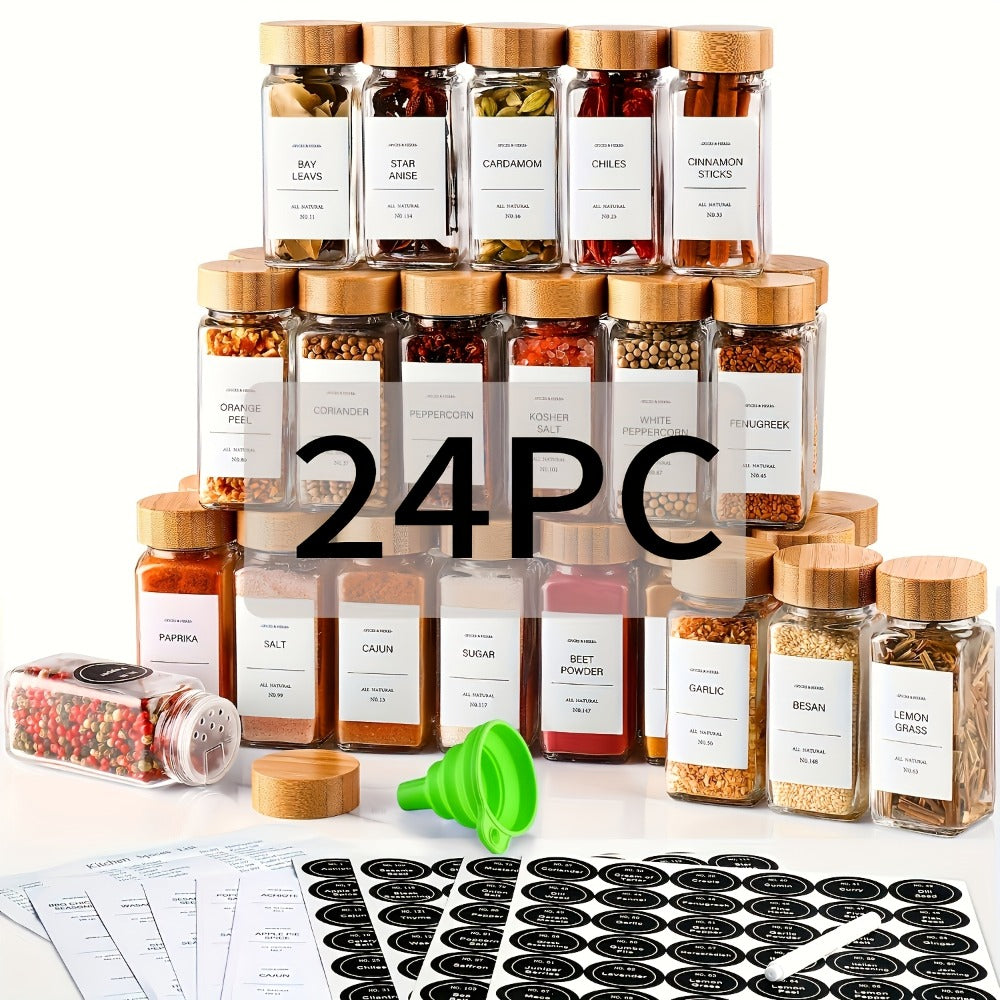 Glass Spice Jars 4oz with Bamboo Lids Labels and Collapsible Funnels Seasoning Storage Bottles for Spice Rack Cupboard Pantry Kitchen Organization 15 24 or 36pcs