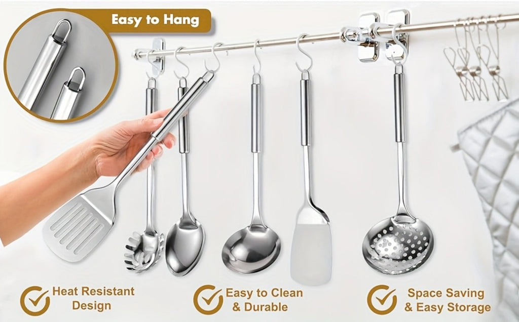 Stainless Steel Cooking Utensil Set 9 Piece for Nonstick Cookware ¨C 304 Grade, Heat Resistant Ergonomic Handles, Dishwasher Safe, Space Saving Kitchen Tools with Hanging Holes for Home & Professional Chefs