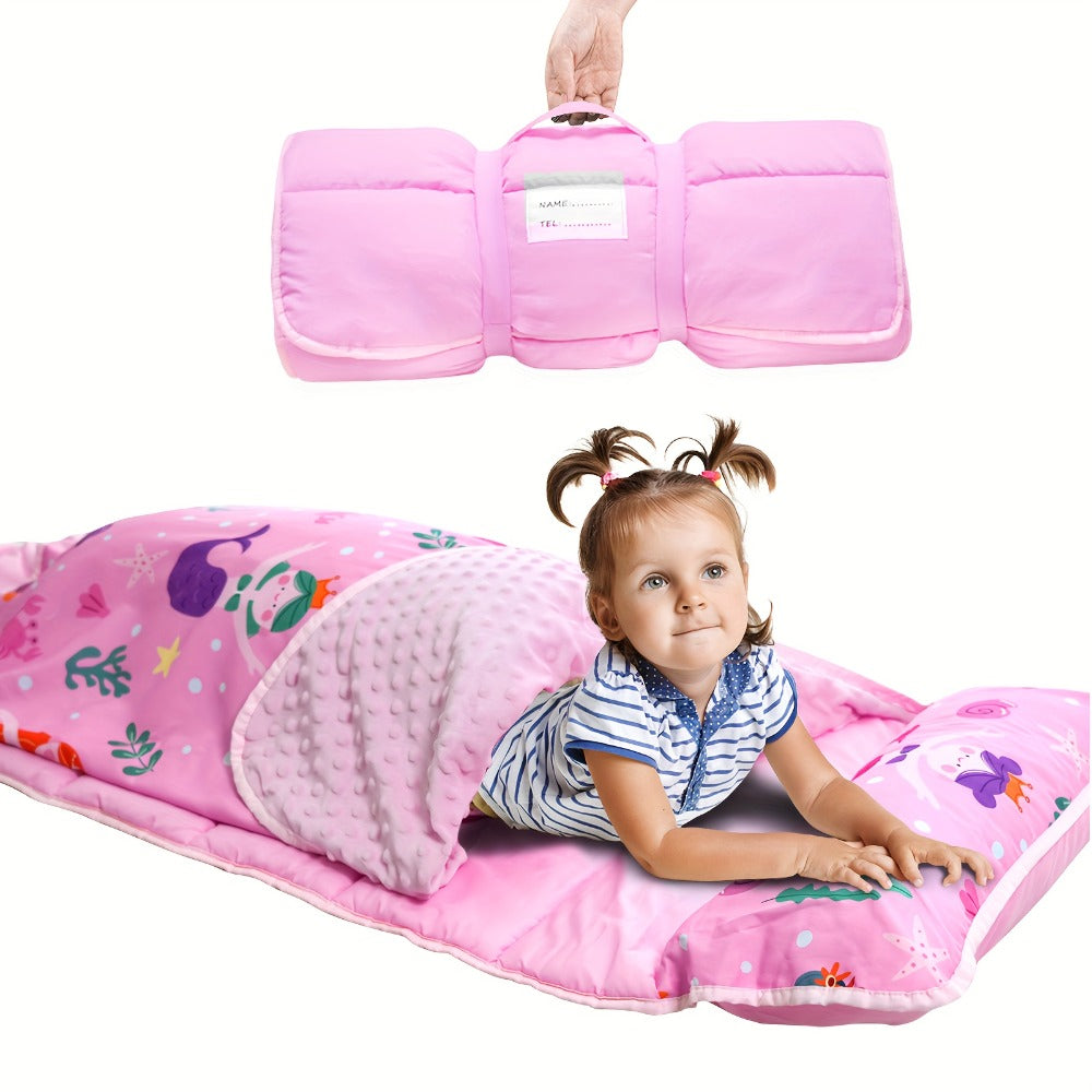 Kids Nap Mat with Pillow Foldable Lightweight Minky Dot Cooling Breathable Portable Preschool Daycare Mat with Name Tag Dinosaur Mermaid Swan Design Gift for Girls Boys Toddlers