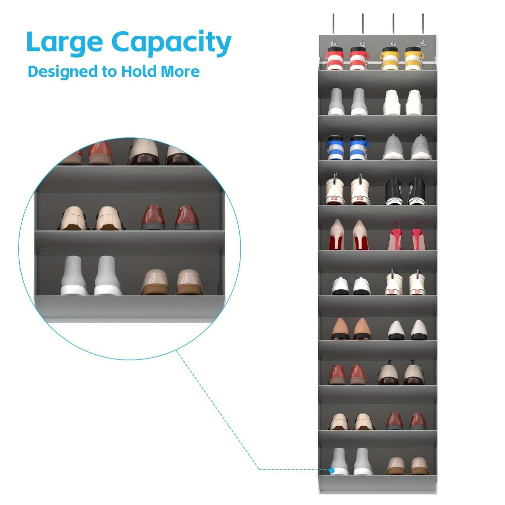 10-Tier Over-the-Door Shoe Rack Organizer with 4 Metal Hooks - Holds 20 Pairs, Large Capacity Hanging Shoe Storage