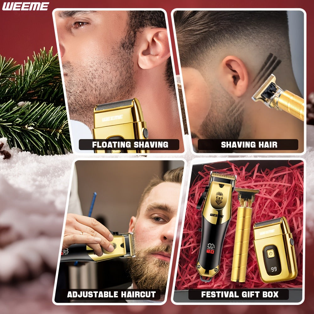 Professional Hair Clipper Set for Men ¨C 3pcs Golden Cordless Kit with Beard Trimmer & T-Blade Trimmer, Hair Cutting & Styling Tools, Ideal Birthday & Father¡¯s Day Gift for Men