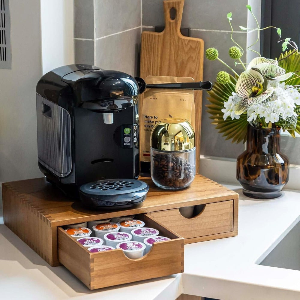 Coffee Machine Stand with K-Cup Storage Rack ¨C Wooden Countertop Coffee & Tea Organizer with Drawer, Holds 30 Boxes of K-Cups or Tea Bags, Coffee Bar Station Organizer for Home & Office ¨C Wood Color