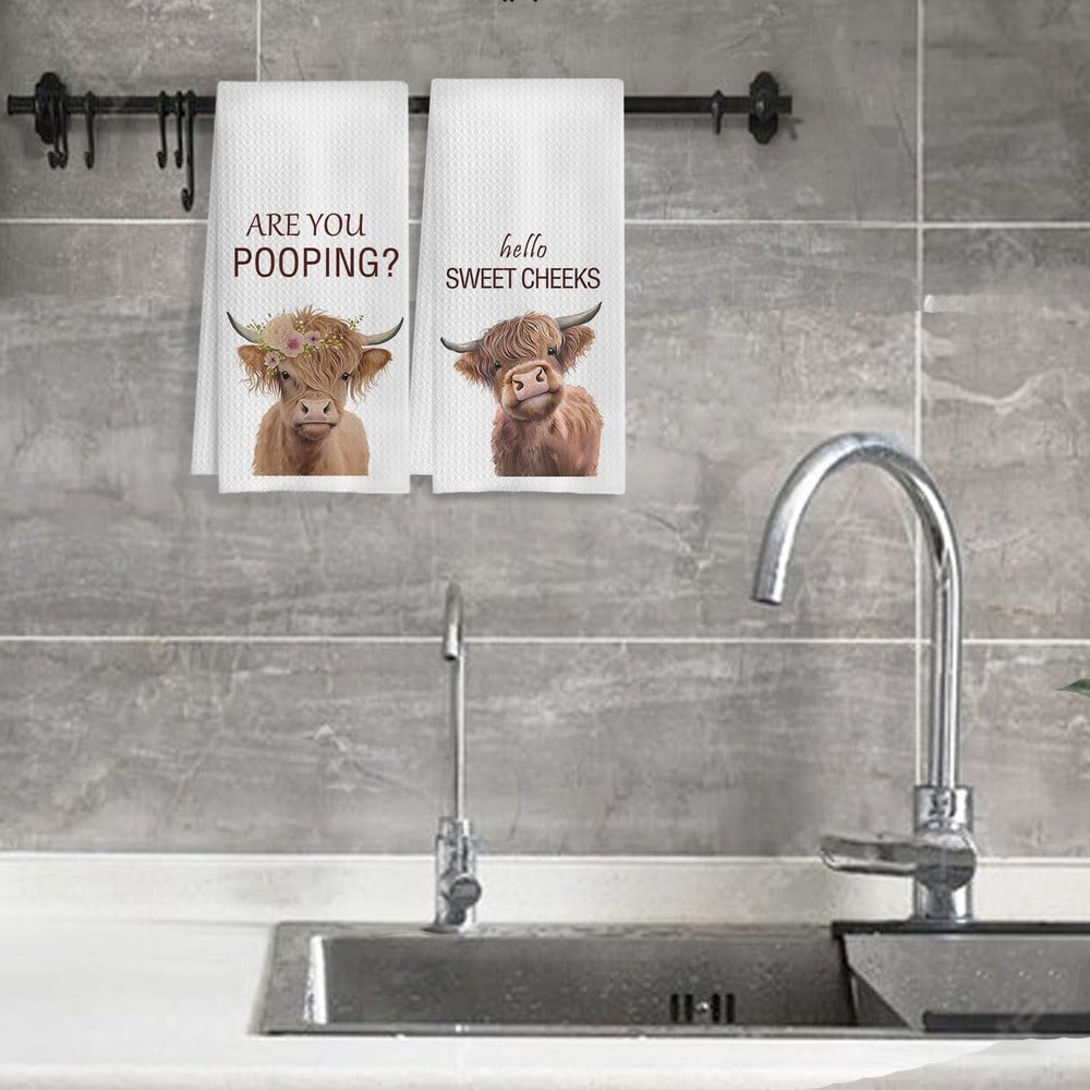 Highland Cow Hand Towels Set of 2 Funny Farmhouse Bathroom Decor Hello Sweet Cheeks Absorbent Kitchen Towel 16x24 Inch Washroom Gift