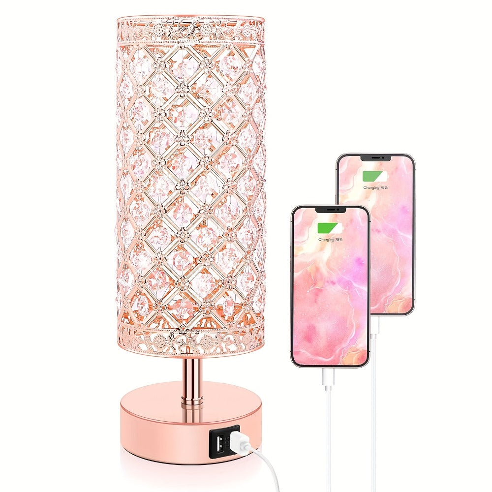 Crystal Bedside Table Lamp with Touch Control & 2 USB Charging Ports, 3-Way Dimmable Nightstand Lamp with Decorative Crystal Base, LED Bulb Included, for Bedroom Living Room Office