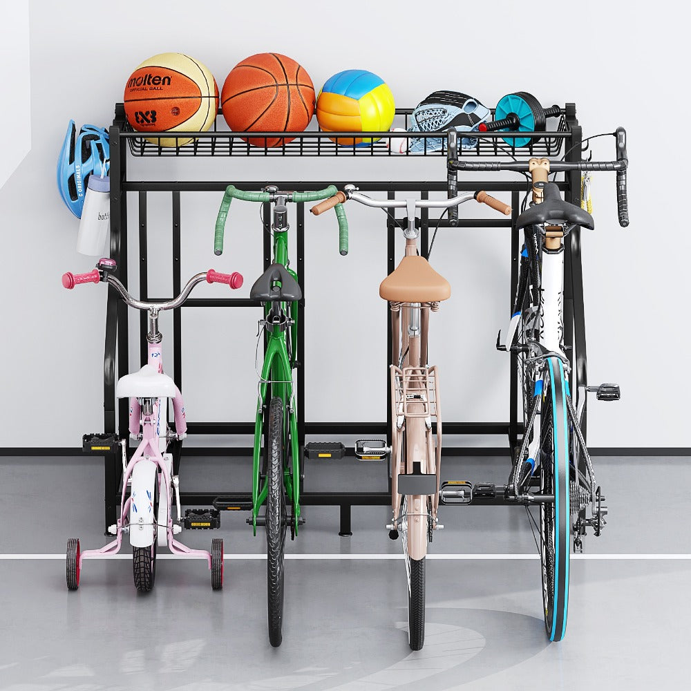 Freestanding Bike Storage Stand with Basket & Hooks ¨C Adjustable Floor Rack for 3-4 Bikes, Indoor Outdoor Garage Organizer