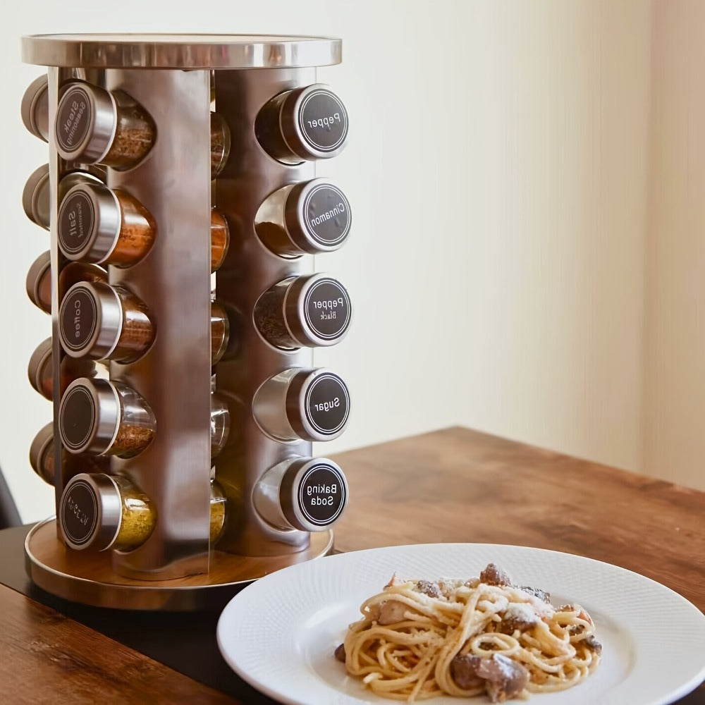 Rotating Spice Rack with 20 Glass Jars 360-Degree Revolving Stainless Steel Spice Tower Organizer for Kitchen Countertop Cabinet with 386 Labels for Herbs Spices Condiments