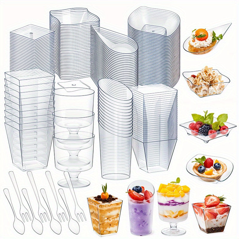 Disposable Tableware Set 400pcs Clear Dessert Plates Cups Forks Spoons Party Supplies for Festival Birthday Wedding Home Includes 100 Each Plates Cups Forks Spoons