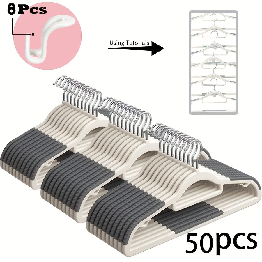 Non-Slip Clothes Hangers 50 Pack with 8 Clasps - Heavy Duty Space Saving Velvet Shoulder Strips Wardrobe Hangers for Shirts, Pants, Coats, Scarves, Wet Dry Use, Closet Organizer