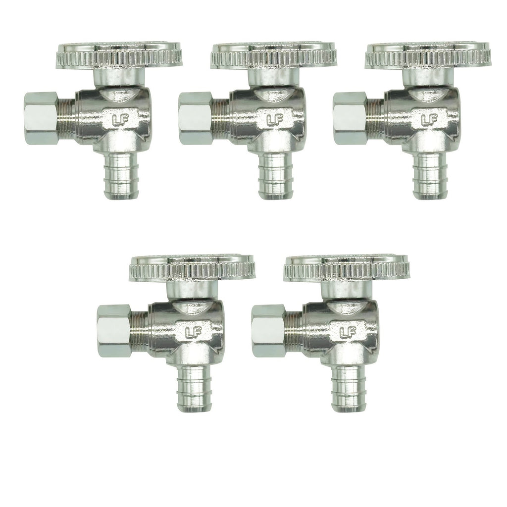 PEX Angle Stop Valve 5pcs - 1/2¡± PEX x 3/8¡± OD Compression, 1/4 Turn Shut-Off Valve, Lead-Free Chrome Brass, ASTM F1807 NSF/ANSI 61 Certified, for Bathroom Toilet Sink Plumbing