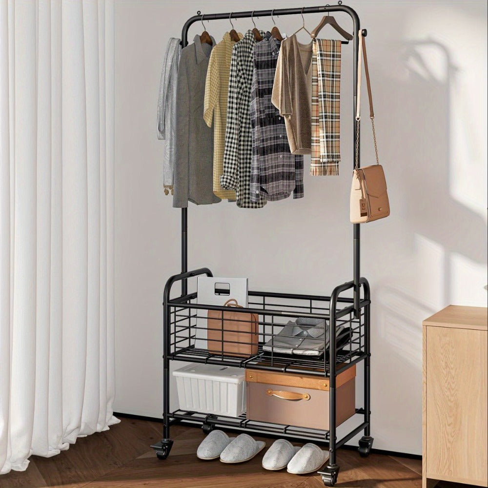 Rolling Laundry Basket with Wheels and Hanging Rack, Laundry Sorter Cart with Shelf and Locking Casters, Heavy Duty Steel Frame, Multifunctional Clothes Hamper for Laundry Room Bedroom Bathroom, White Black Silver