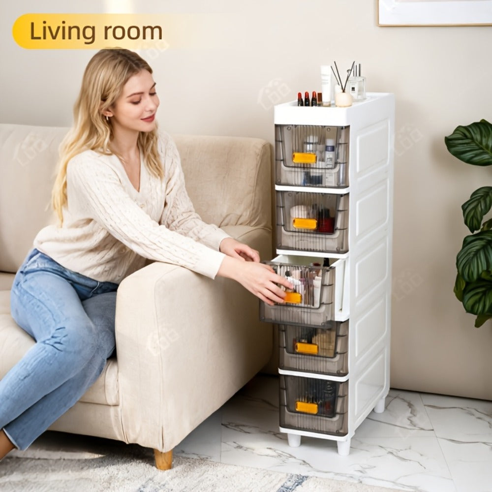 Slim Storage Cabinet with Drawers & Wheels - Waterproof PP Bathroom Kitchen Organizer, 3-5 Layer Tower Unit for Small Spaces