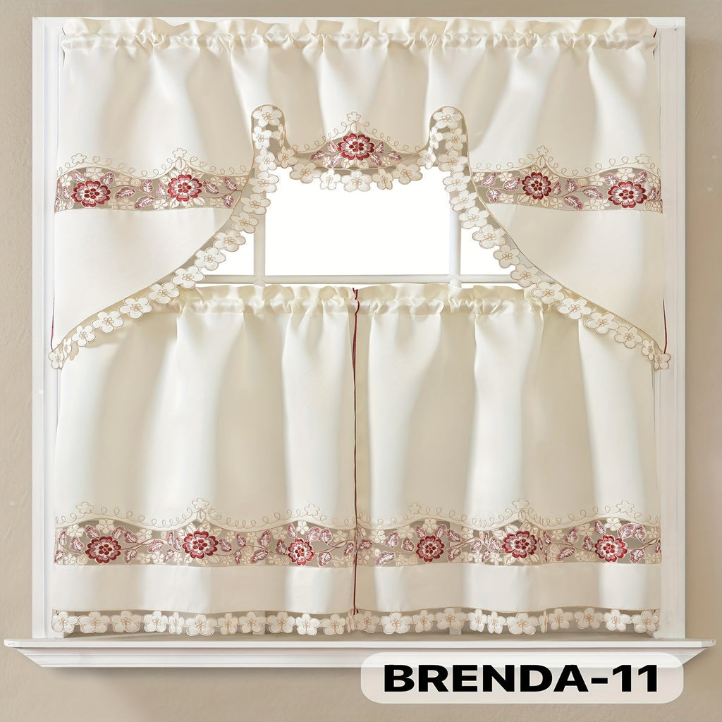 Kitchen Curtains 3 Piece Set Embroidered Satin Valance and Tiers - Rod Pocket Light Filtering Machine Washable 46 Colors Available All Season Home Decor
