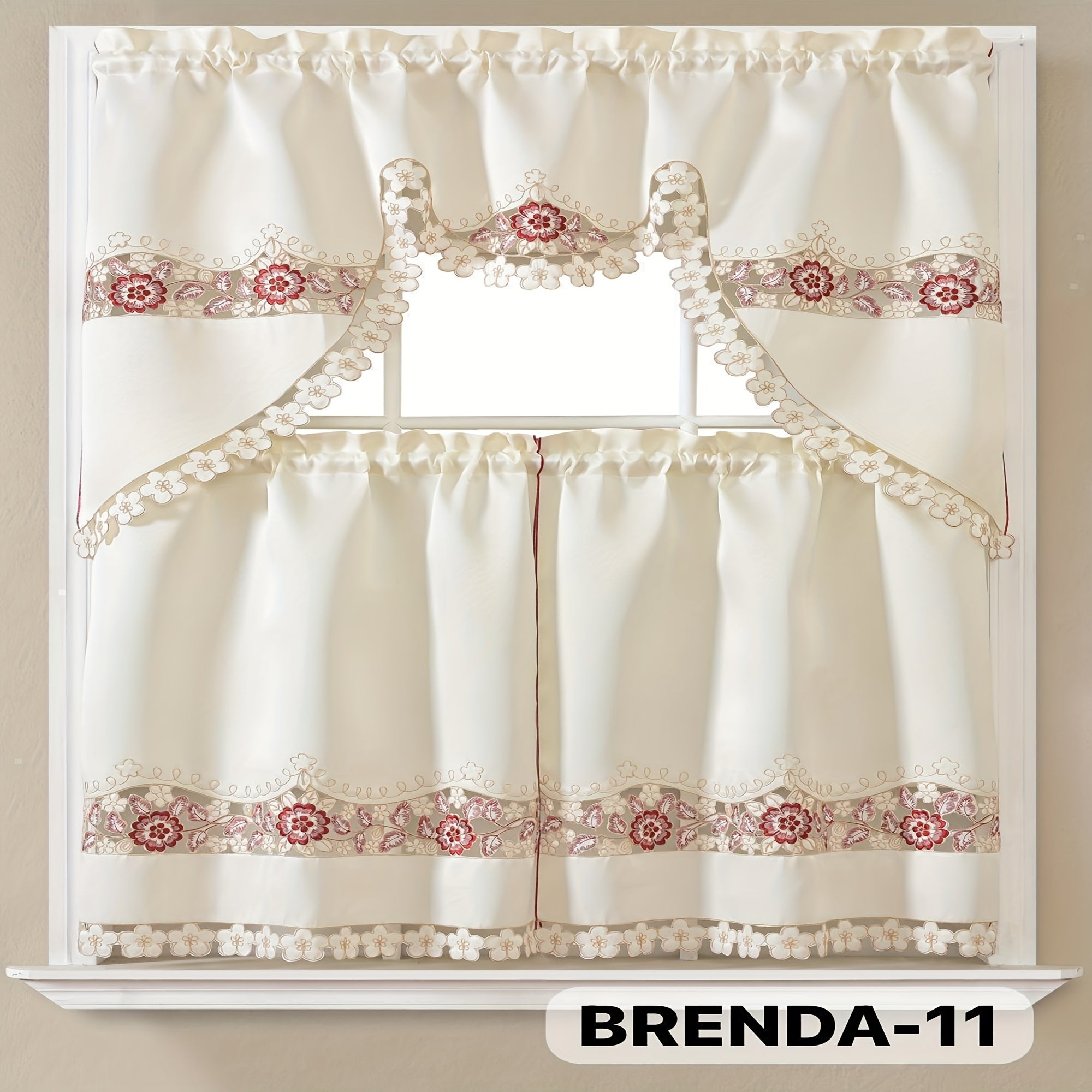 Kitchen Curtains 3 Piece Set Embroidered Satin Valance and Tiers - Rod Pocket Light Filtering Machine Washable 46 Colors Available All Season Home Decor