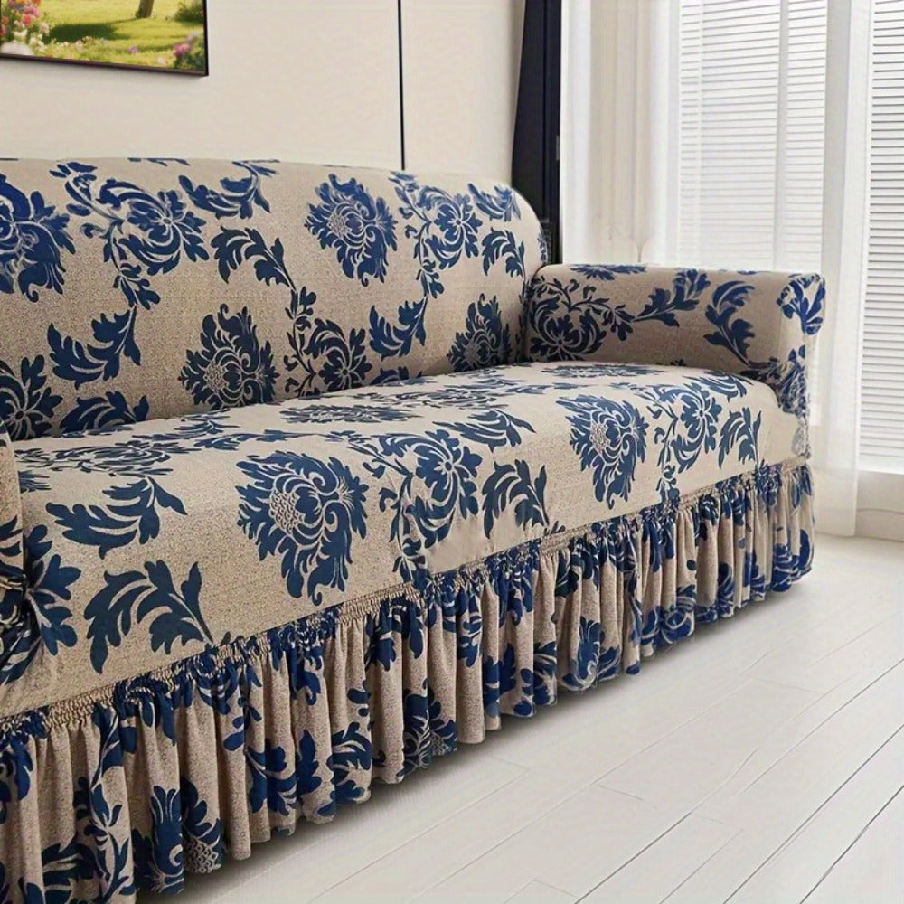 Stretch Sofa Cover Slipcover High-Stretch Fabric Ruffle Skirt Non-Slip Rod All-Season Snug Fit for 1 2 3 4 Seater Couch ¡ª Dark Blue with Pillow Cover