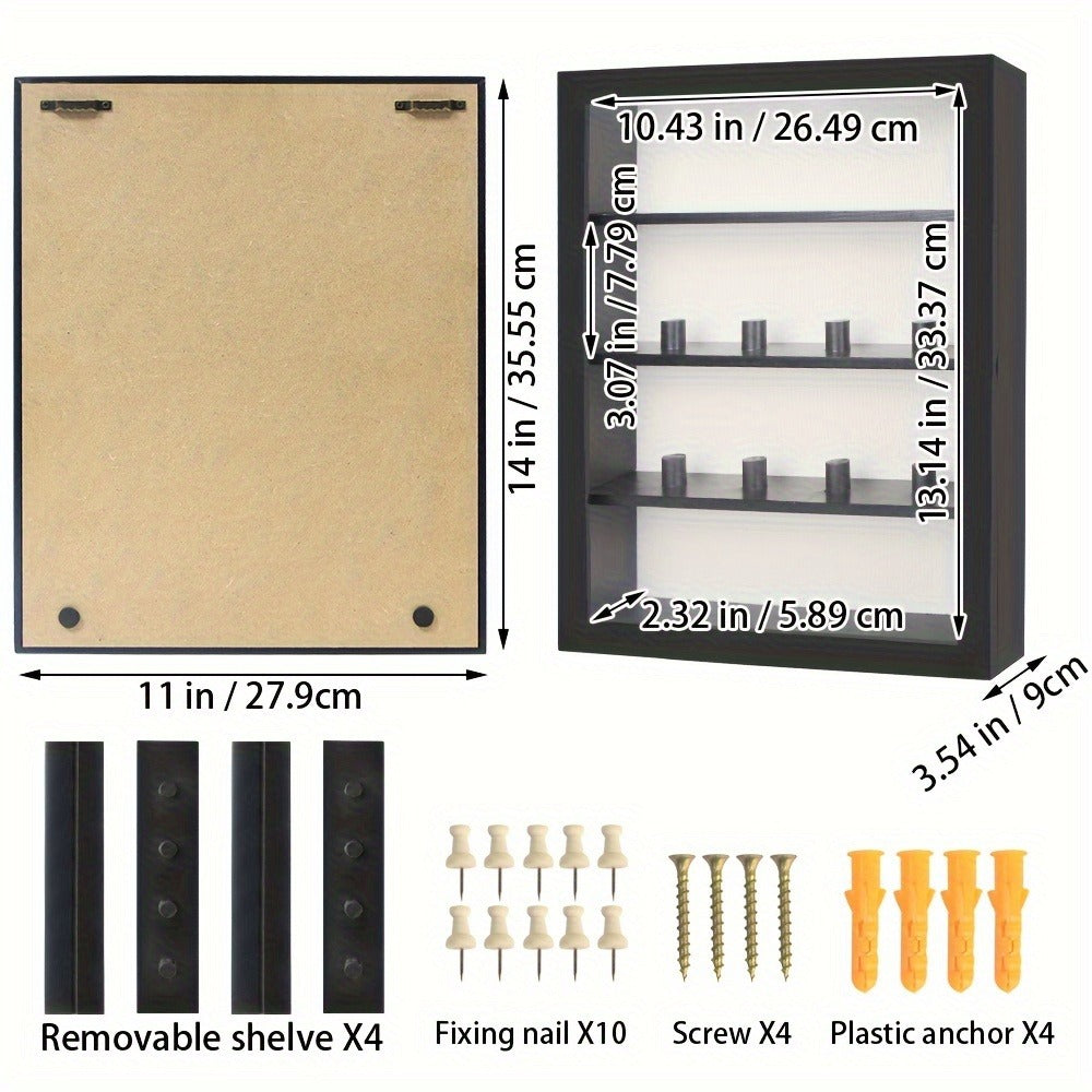 Shadow Box Frame 11x14 with 4 Removable Shelves - Large Deep Display Case for Medals Coins Pins Photos Flowers Keepsakes, Wall Hanging Memory Box for Collections, Black White Brown