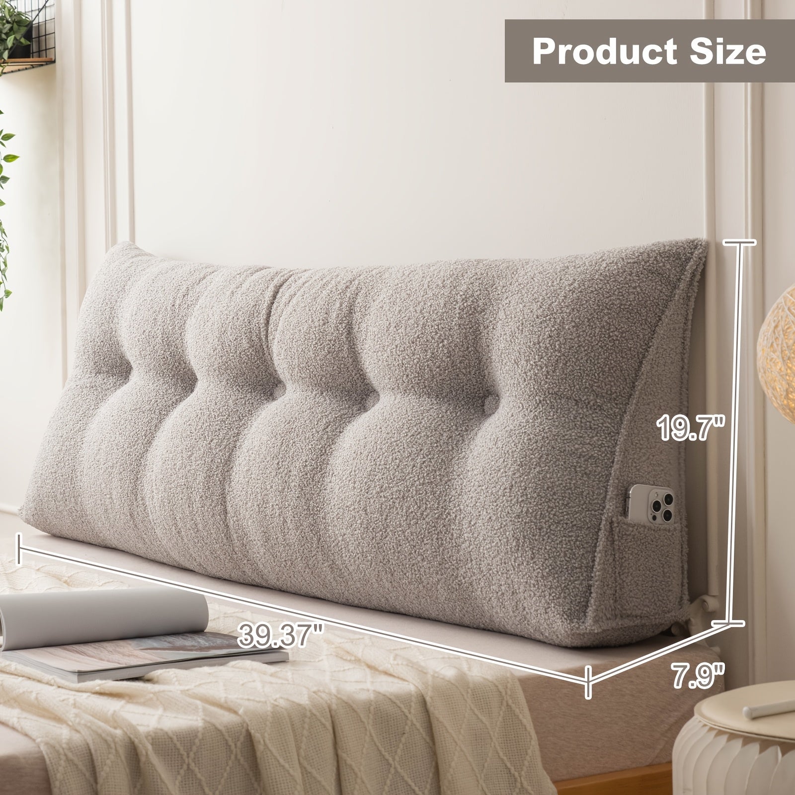Bed Wedge Pillow Headboard Pillow with Side Pockets Removable Washable Cover Teddy Velvet Reading Pillow Twin Queen King