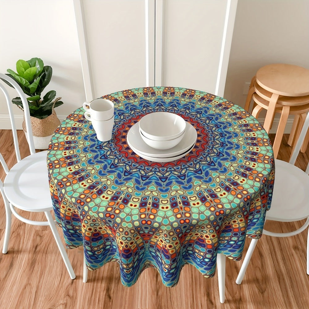 Mandala Round Table Cover 60 Inch - Colorful Boho Tablecloth for Patio, Backyard BBQ, Picnic & Kitchen Decor