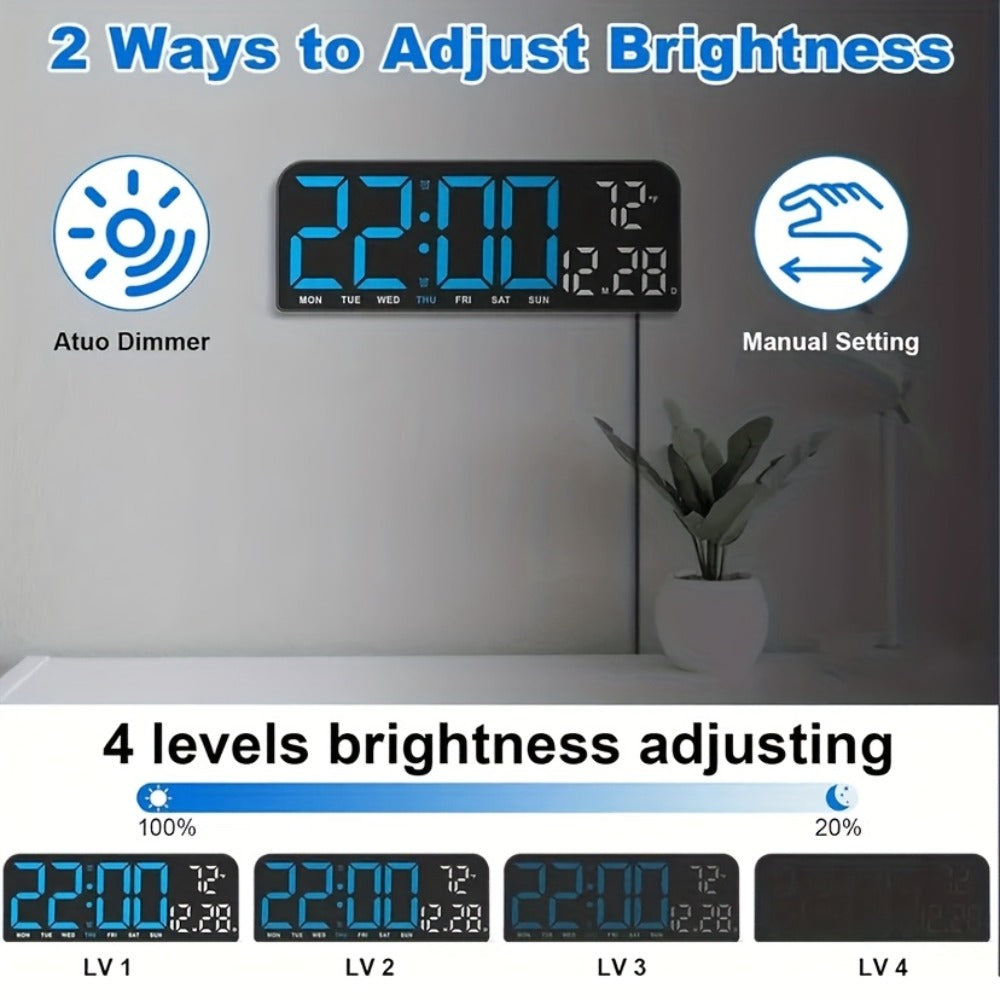 Large Digital LED Wall Clock Dual Alarm Clock with Temperature Date Display Brightness Adjustment 12/24H USB Powered for Living Room Bedroom Office Back to School Gift
