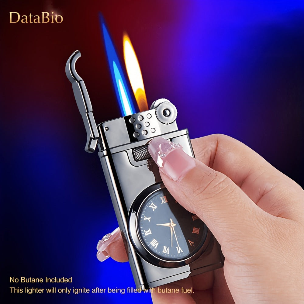 Metal Quartz Dial Double Flame Torch Lighter Windproof Refillable - Adjustable Flame, Open Fire | High-End Gift for Men & Women | 2 Colors | Butane Not Included