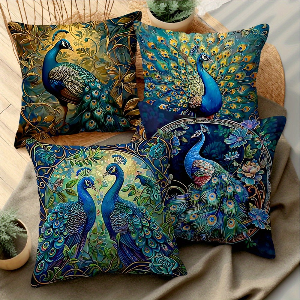 Cushion Covers 18x18 Set of 4 Vintage Peacock Oil Painting Boho Plush Throw Pillow Cases with Zipper Machine Washable for Living Room Bedroom Home Decor