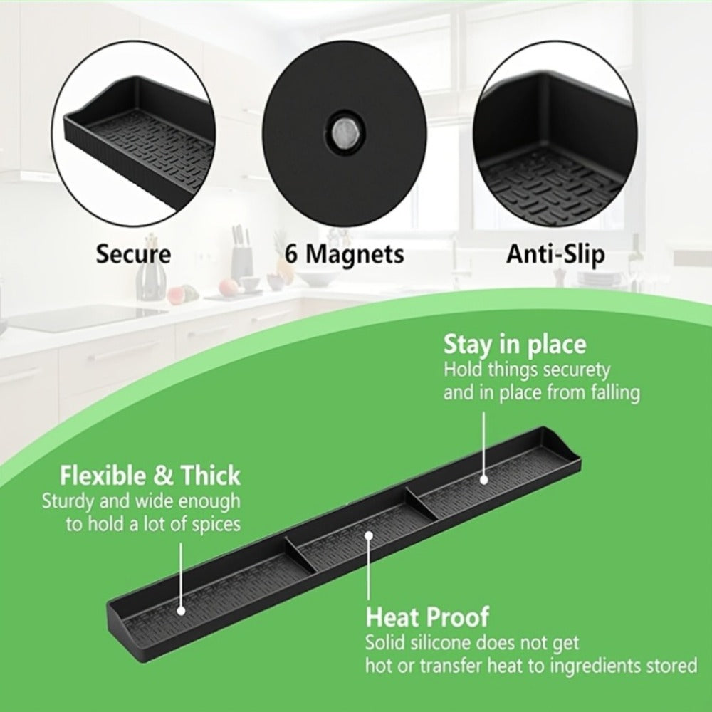 Magnetic Stove Top Shelf Organizer Silicone Spice Rack 30 Inch Heat Resistant Flexible Over Oven Kitchen Storage Organizer Strong Magnetic Mount Black