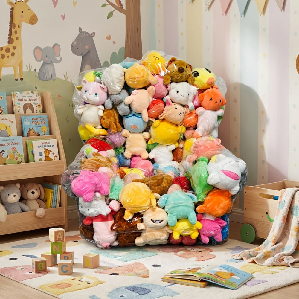 Large Transparent Plush Toy Storage Bag with Zipper Closure Stuffed Animal Organizer Bean Bag Chair Cover Openable Filling 100x90cm Clear Display Bag